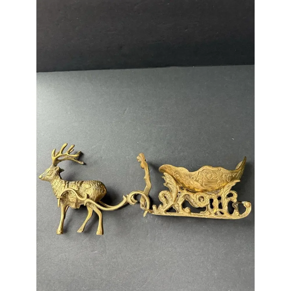 Vintage The Bombay Company Reindeer With Sleigh Brass tone Decorative Figurine